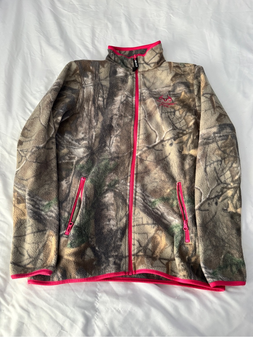 Realtree Xtra Camo Full Zip Fleece Jacket Pink Trim Thumbholes Women’s Small 4-6